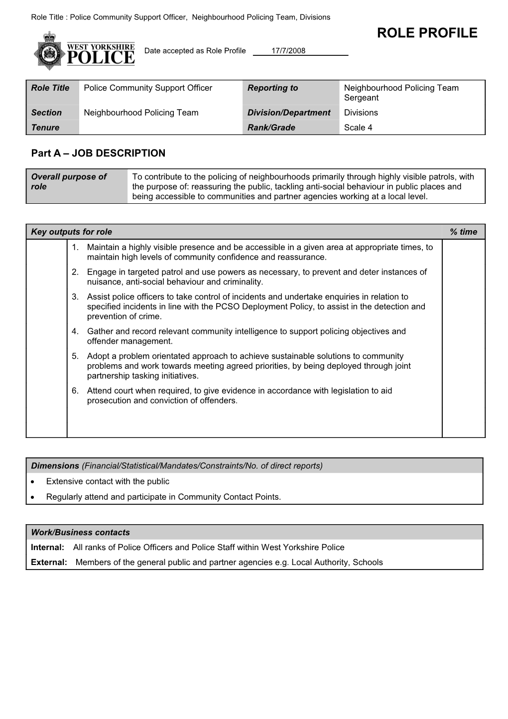 Role Title : Police Community Support Officer, Neighbourhood Policing Team, Divisions