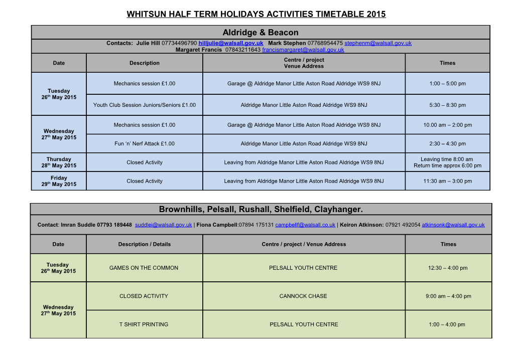 Whitsun Half Term Holidays Activities Timetable 2015