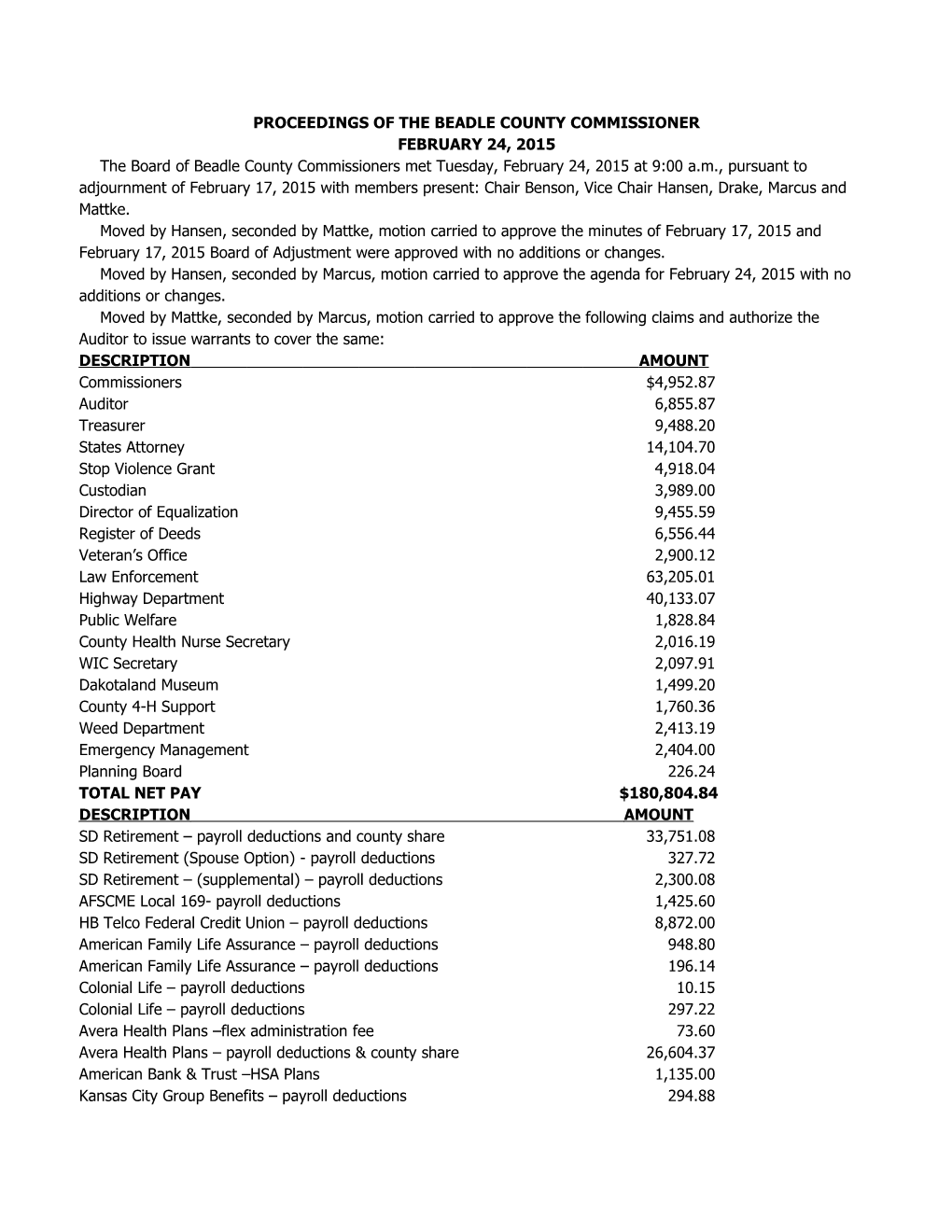 Proceedings of the Beadle County Commissioner