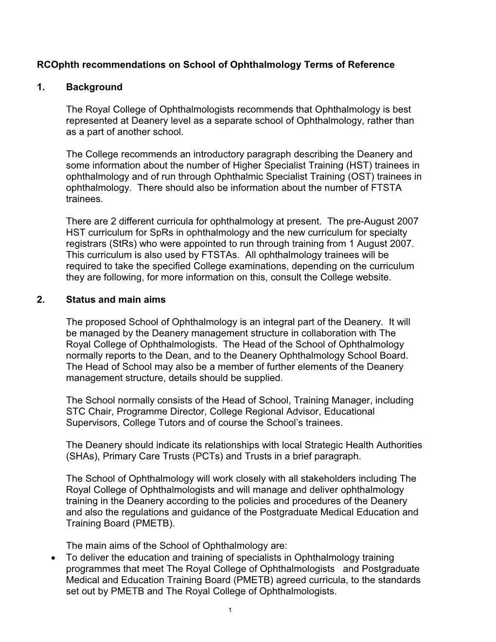 Rcophth Recommendations on School of Ophthalmology Terms of Reference