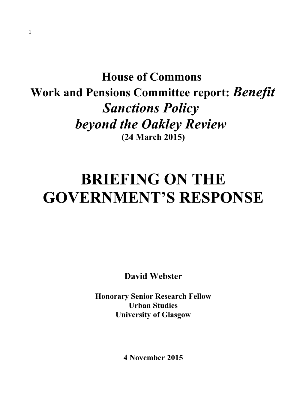 Work and Pensions Committee Report: Benefit Sanctions Policy