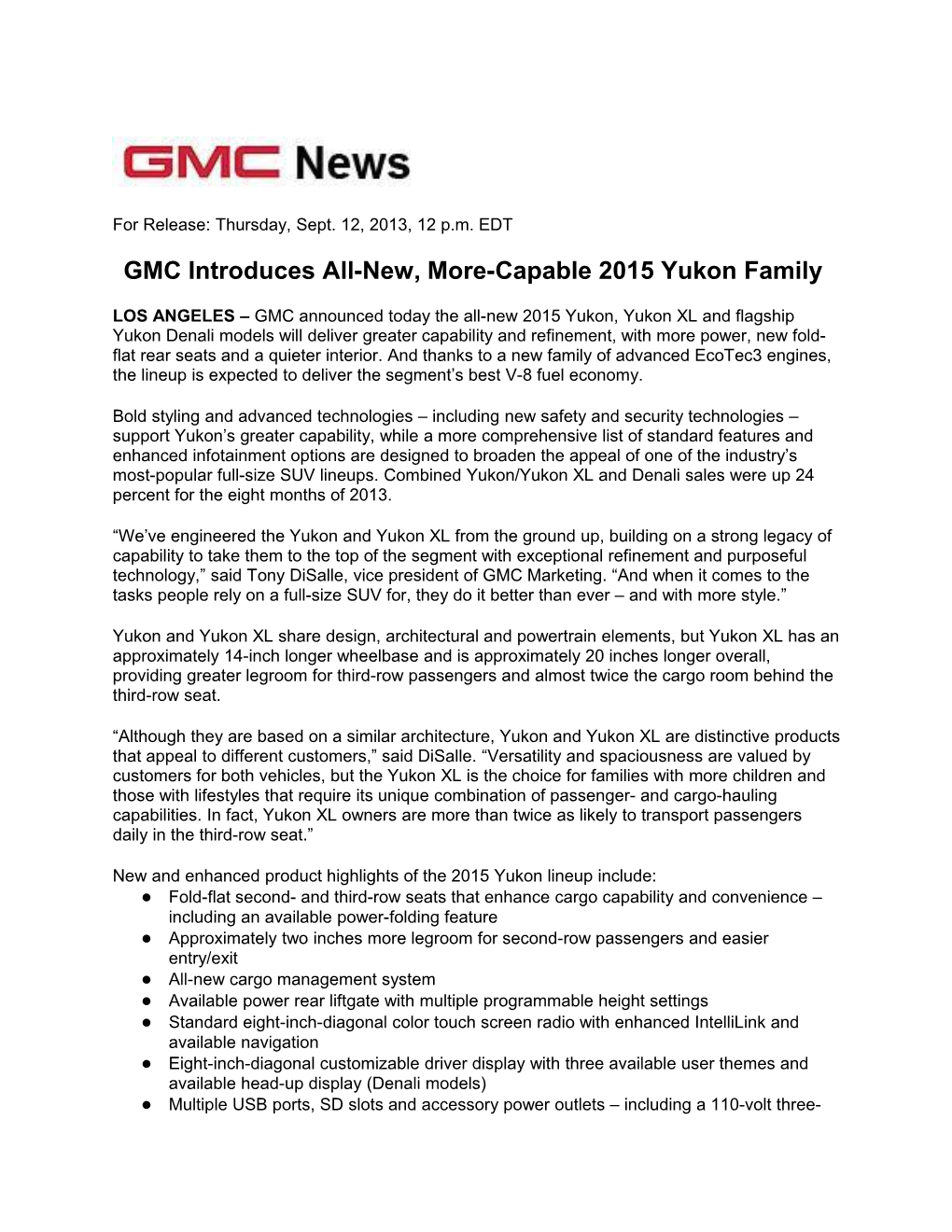 Sept 2013 - GMC Yukon Full Size Truck Unveil Press Release