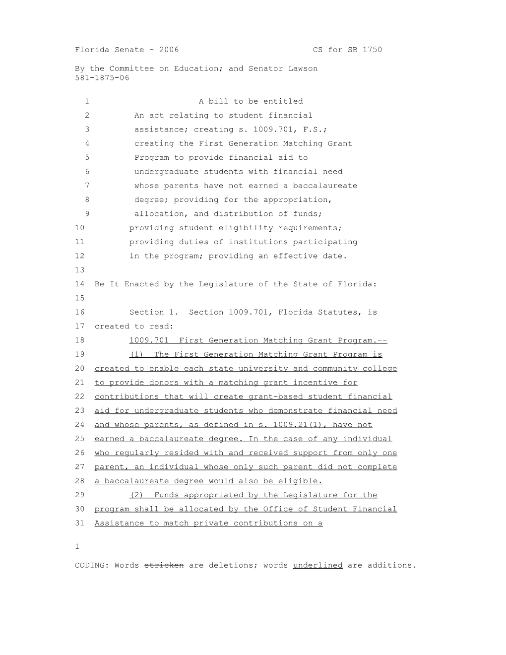 Florida Senate - 2006 CS for SB 1750