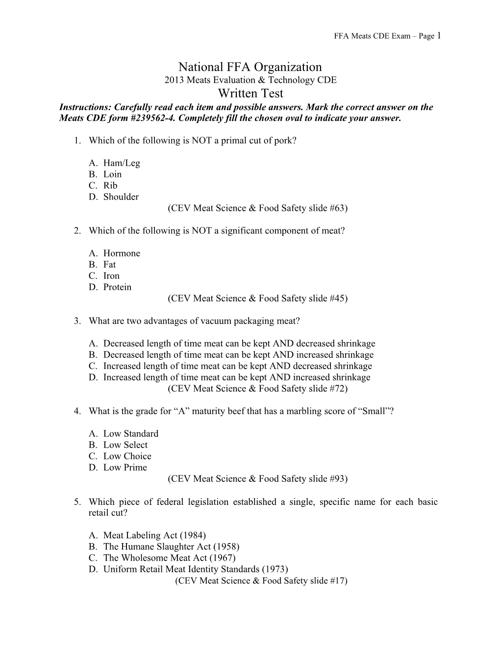 FFA Meats CDE Exam Page 1 s1