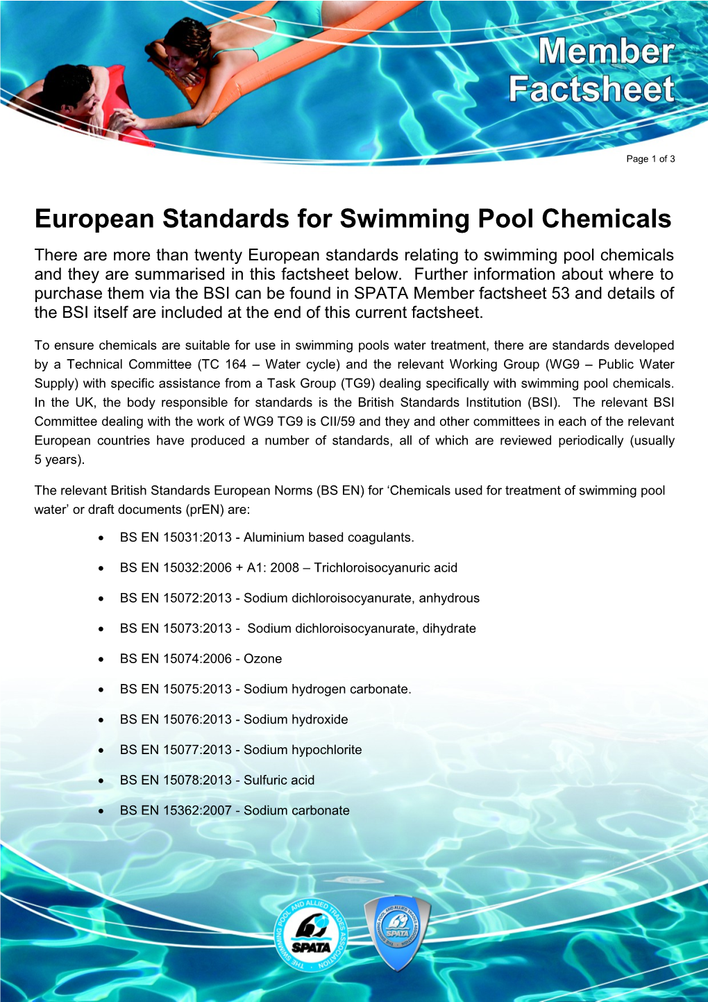 European Standards for Swimming Pool Chemicals