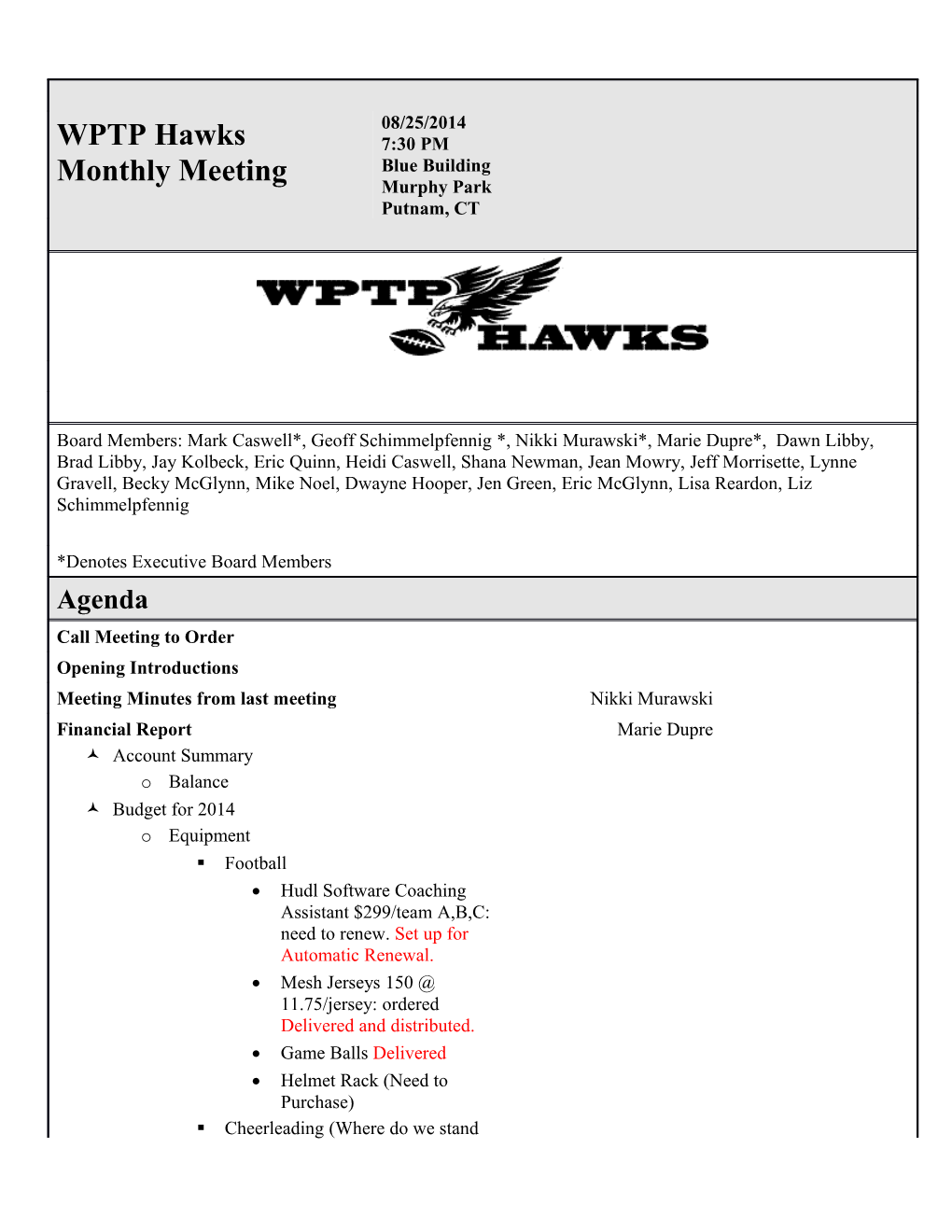 WPTP Hawks Monthly Meeting