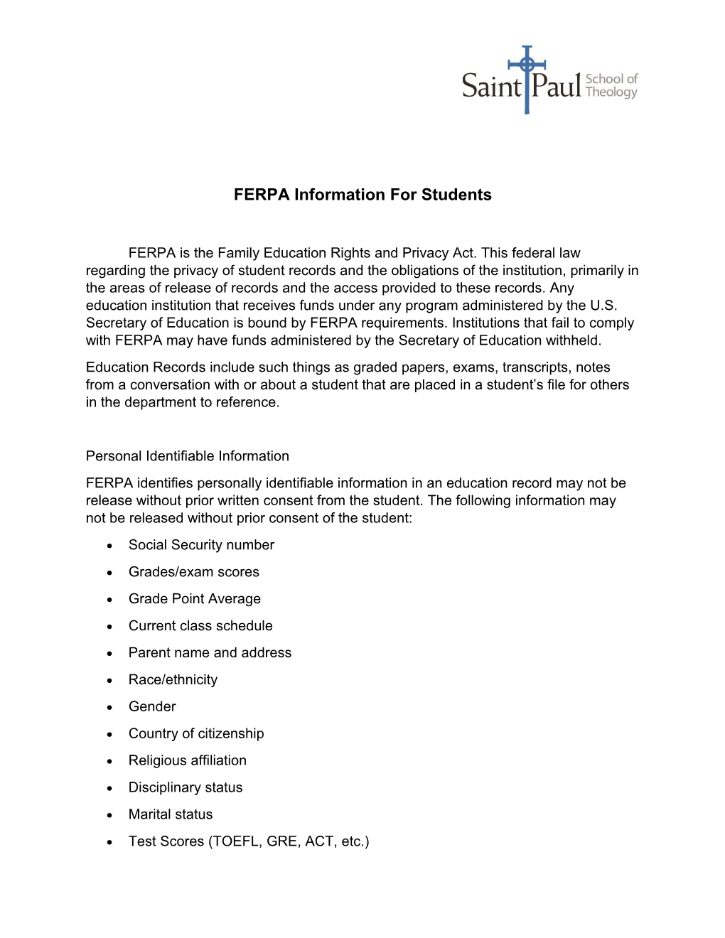 FERPA Information for Students