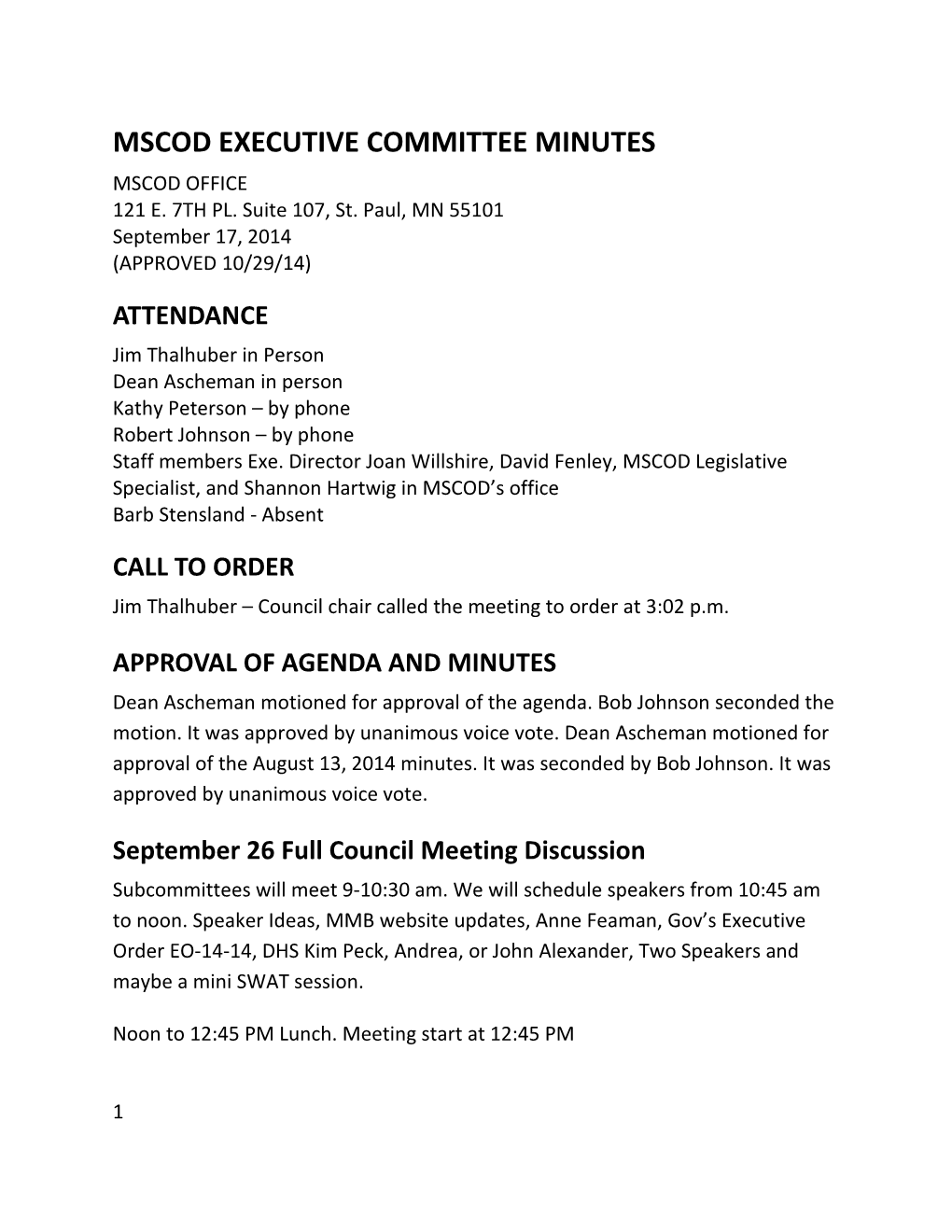 MSCOD Executive Committee Meeting Minutes, 09/17/2014