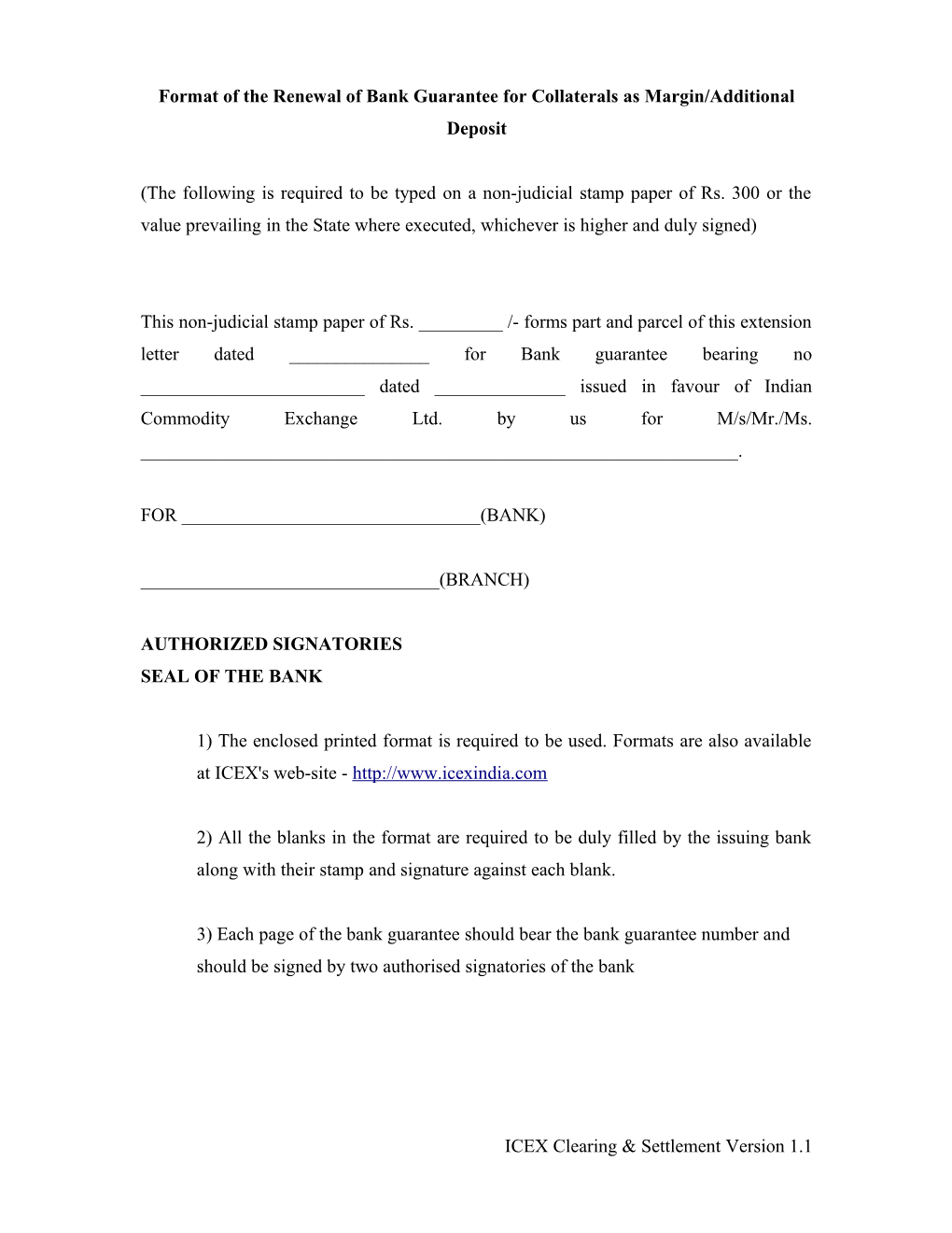 Format of the Renewal of Bank Guarantee for Collaterals As Margin/Additional Deposit