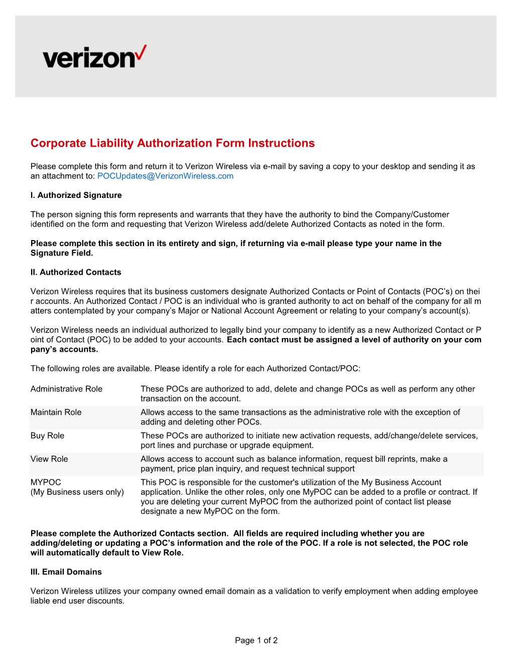 Corporate Liability Authorization Form Instructions