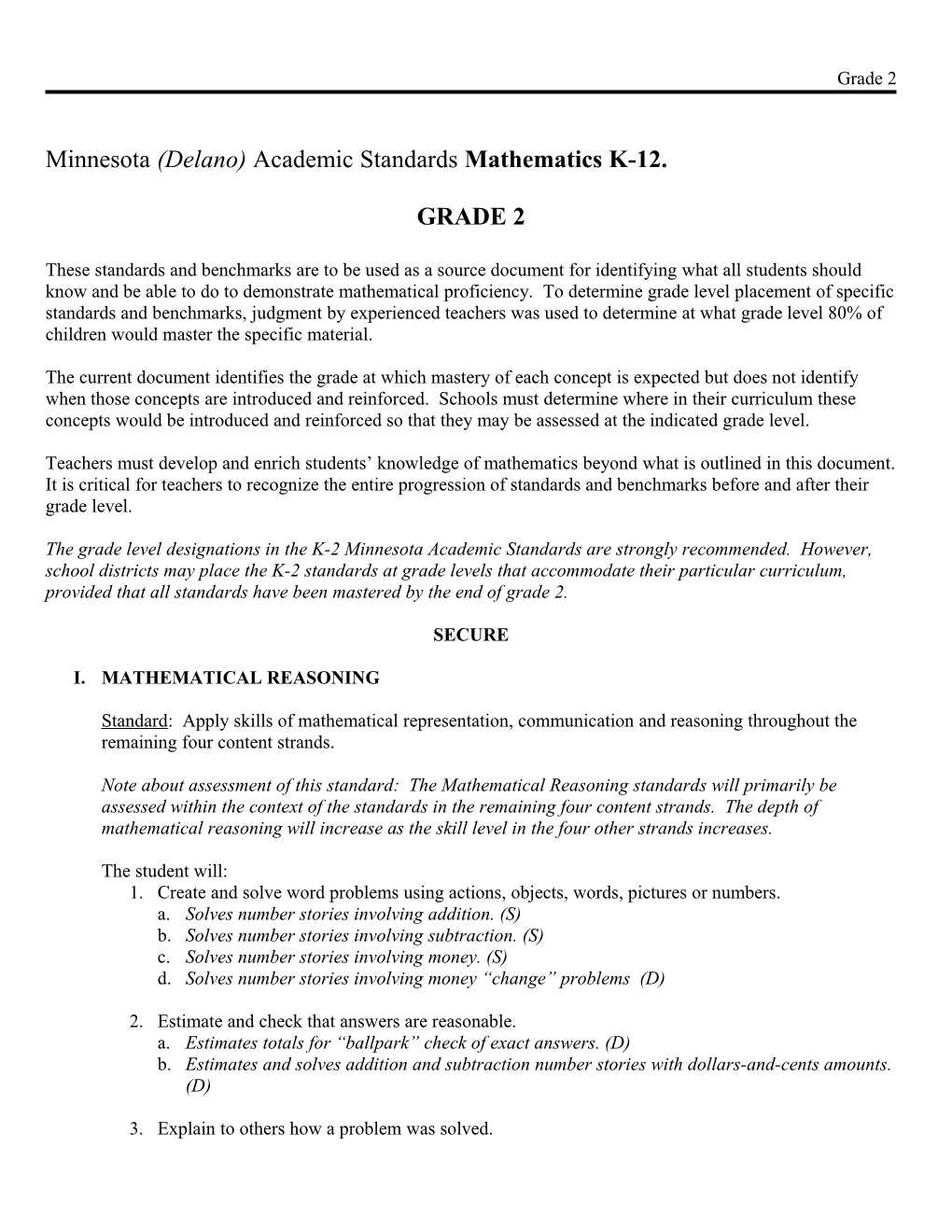 Minnesota (Delano) Academic Standards Mathematics K-12