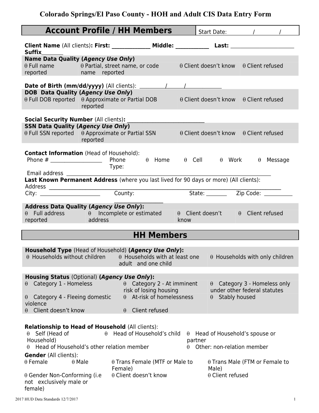 Colorado Springs/El Paso County - HOH and Adult CIS Data Entry Form