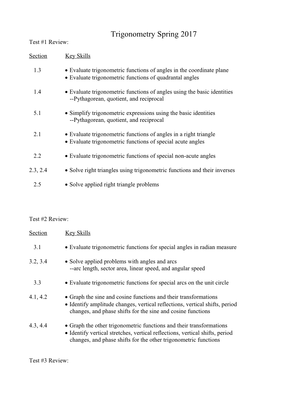 Trigonometry Review Test #1