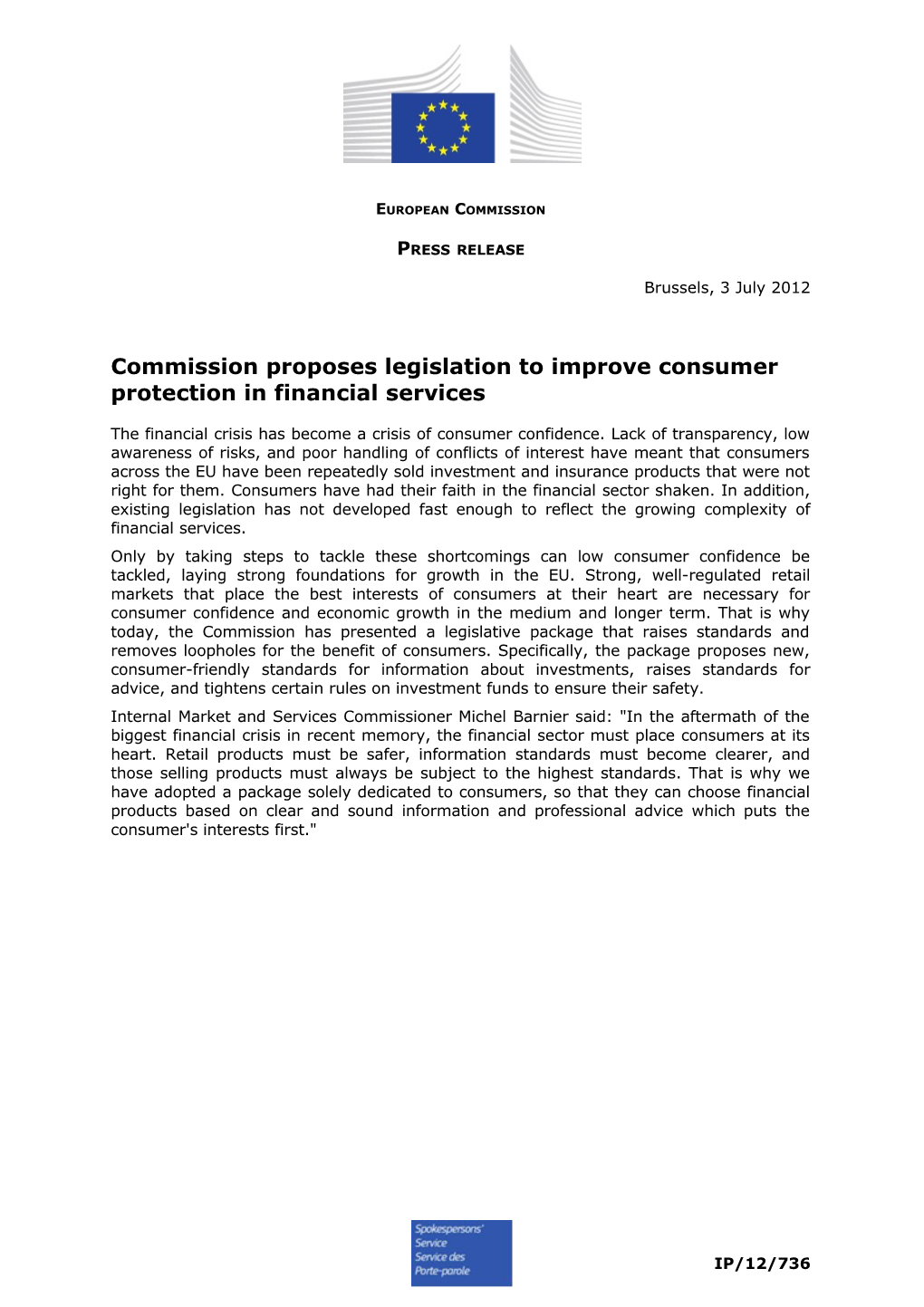 Commission Proposes Legislation to Improve Consumer Protectionin Financial Services