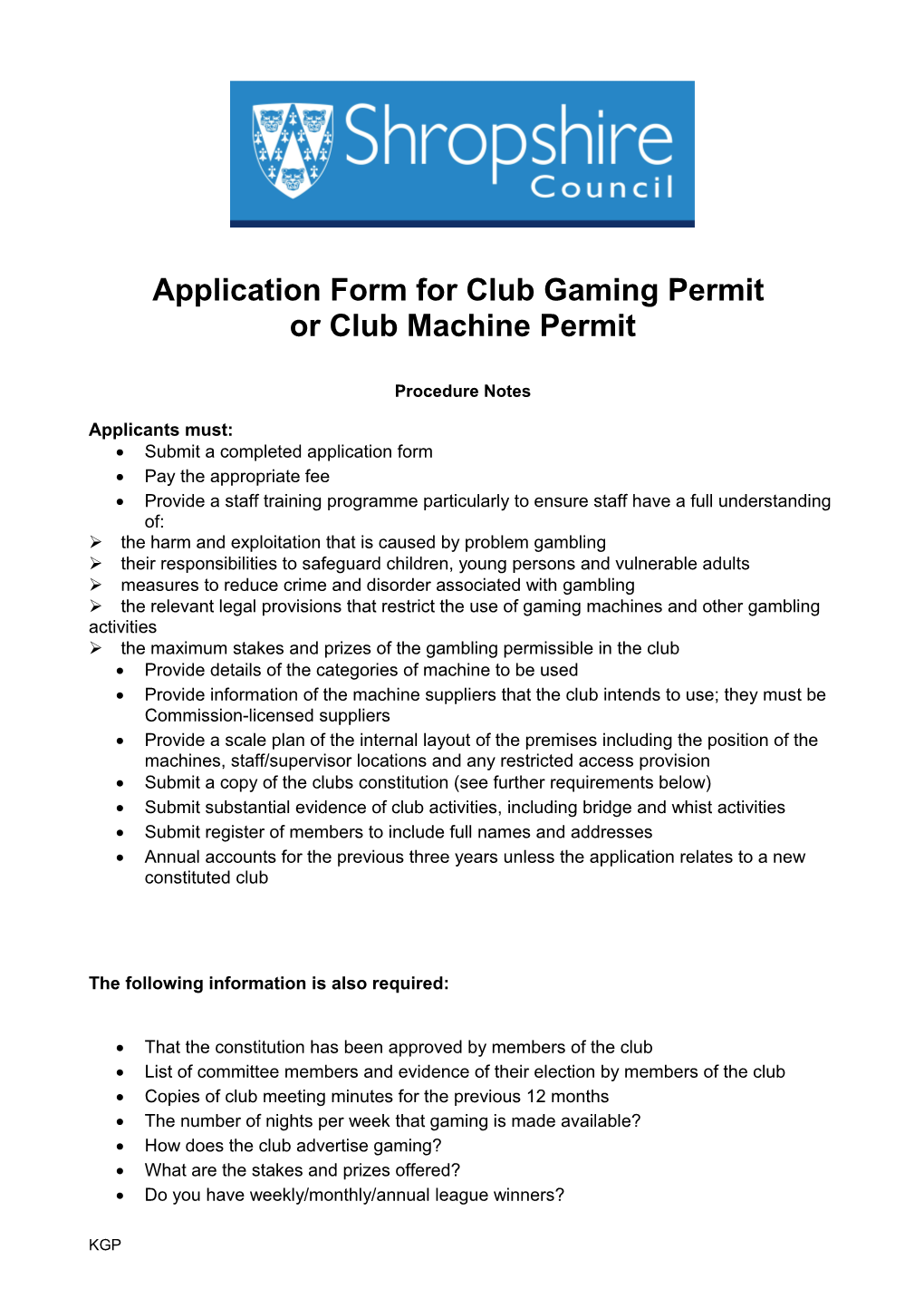 Application Form for Club Gaming Permit