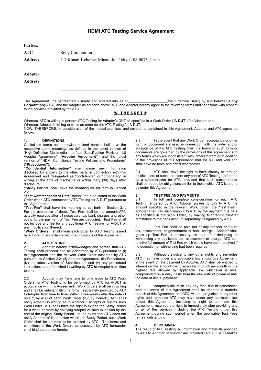 HDMI ATC Testing Service Agreement