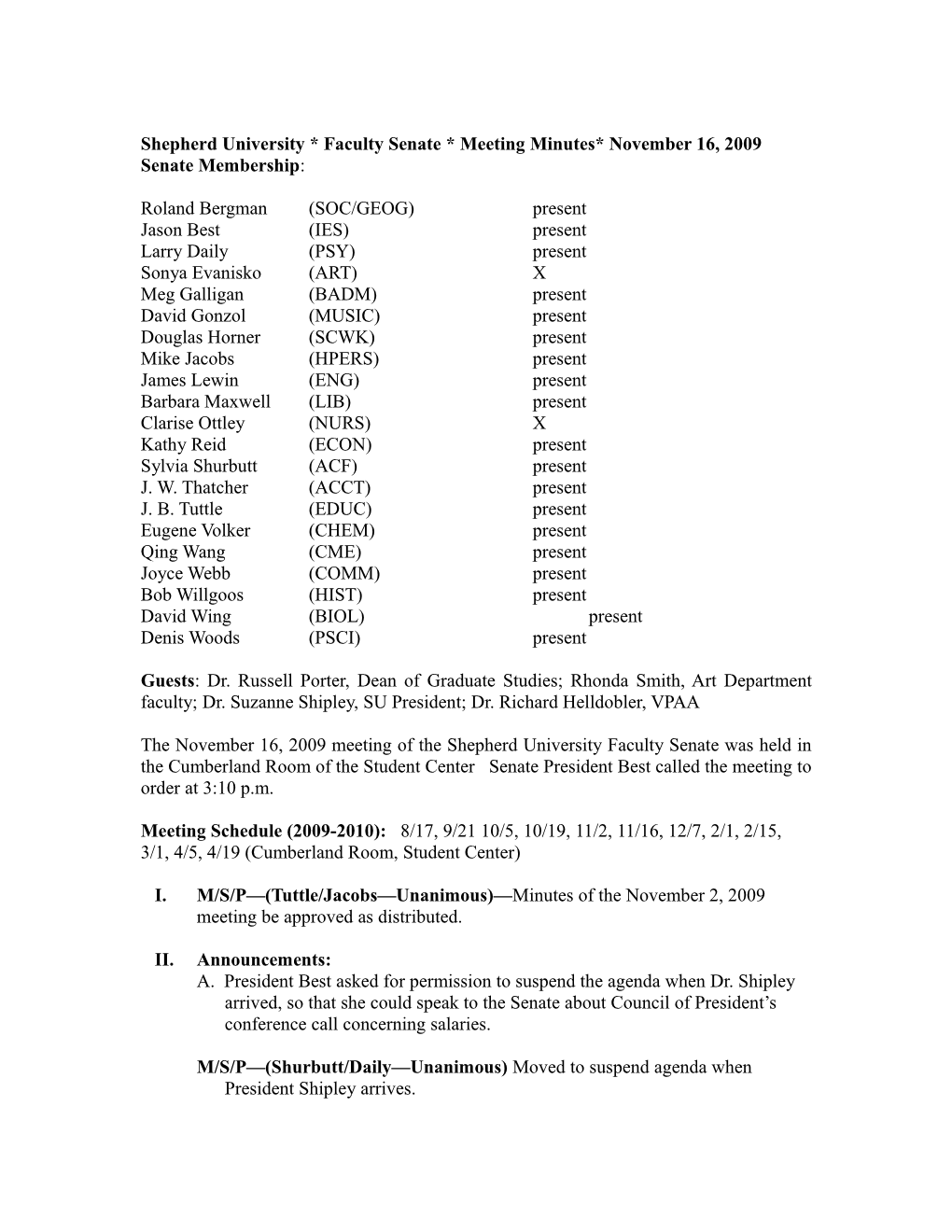 Shepherd University * Faculty Senate * Meeting Minutes* November 16, 2009