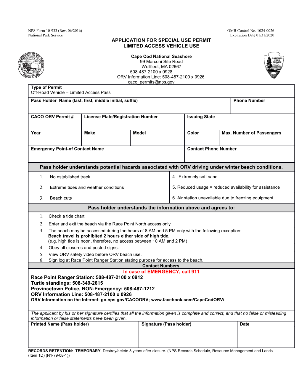 NPS Form 10-933 (Rev. 06/2016)OMB Control No. 1024-0026