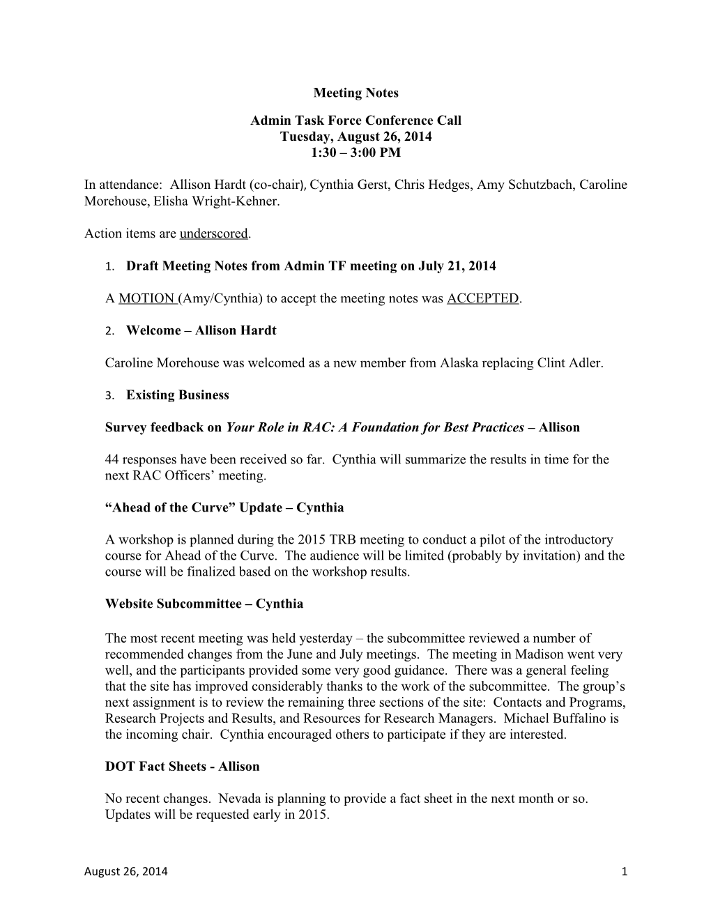 Admin TF Meeting Notes: August 26, 2014