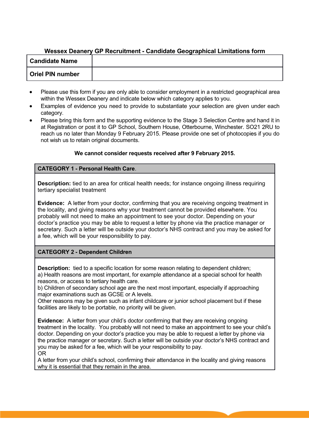 Wessex Deanery GP Recruitment - Candidate Geographical Limitations Form