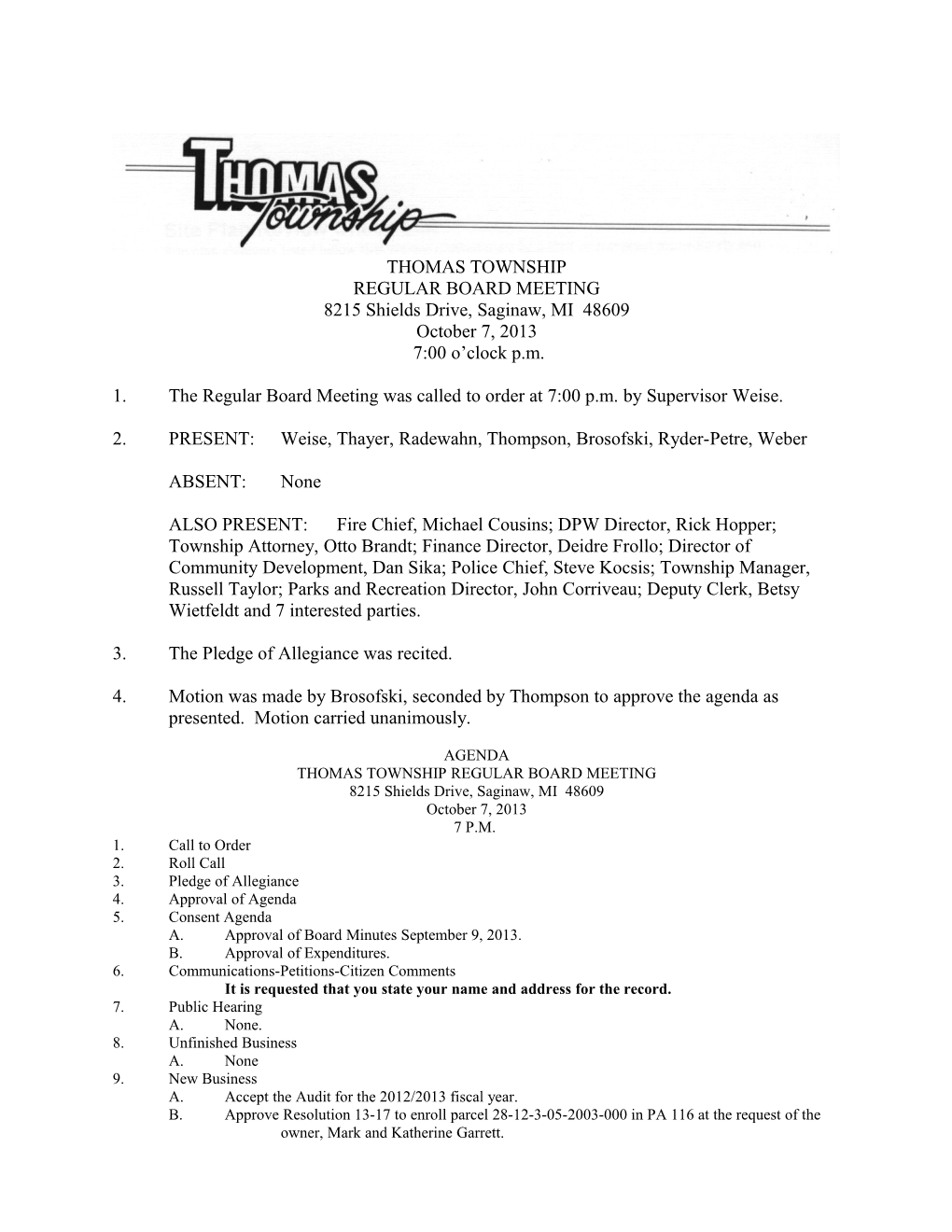 Thomas Township Board Meeting October 2013