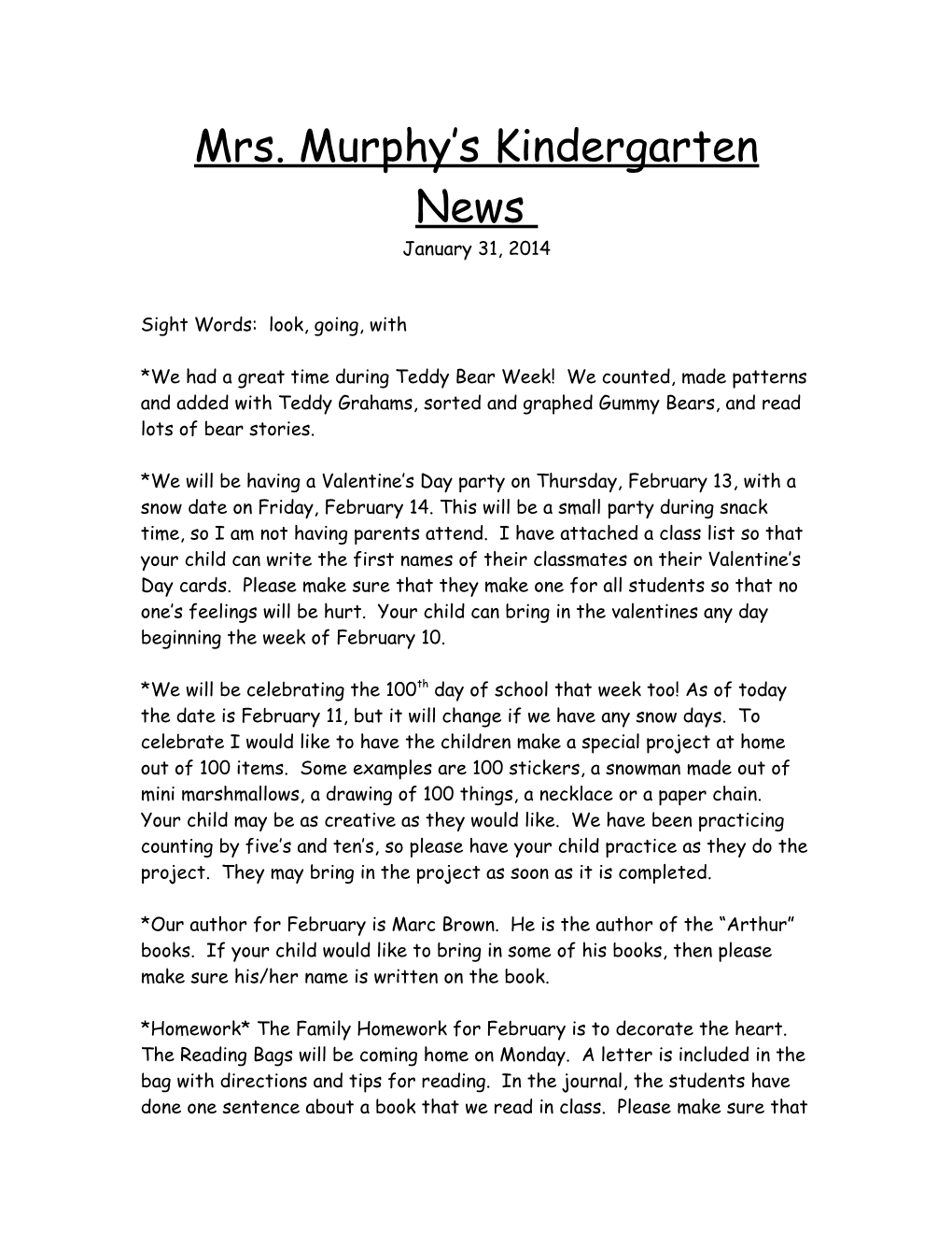 Kindergarten News Update