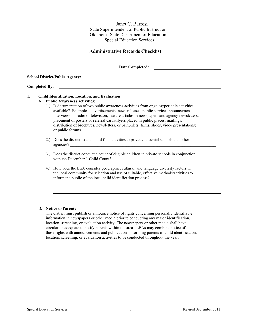 Administrative Records Checklist