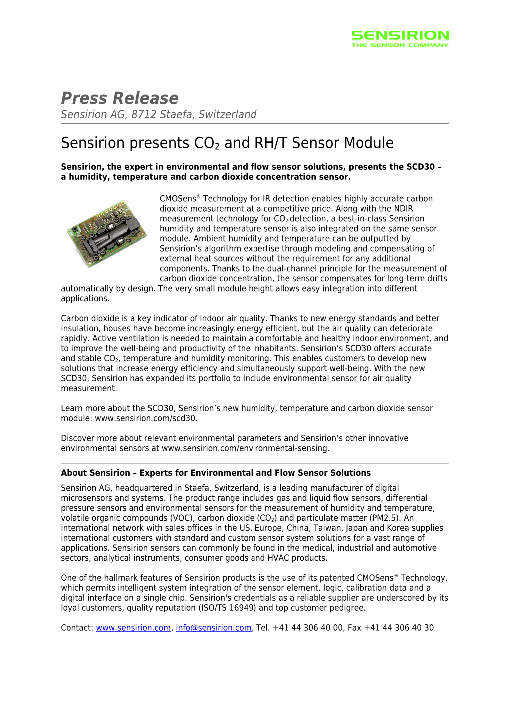 Sensirion Presents CO2 and RH/T Sensor Module