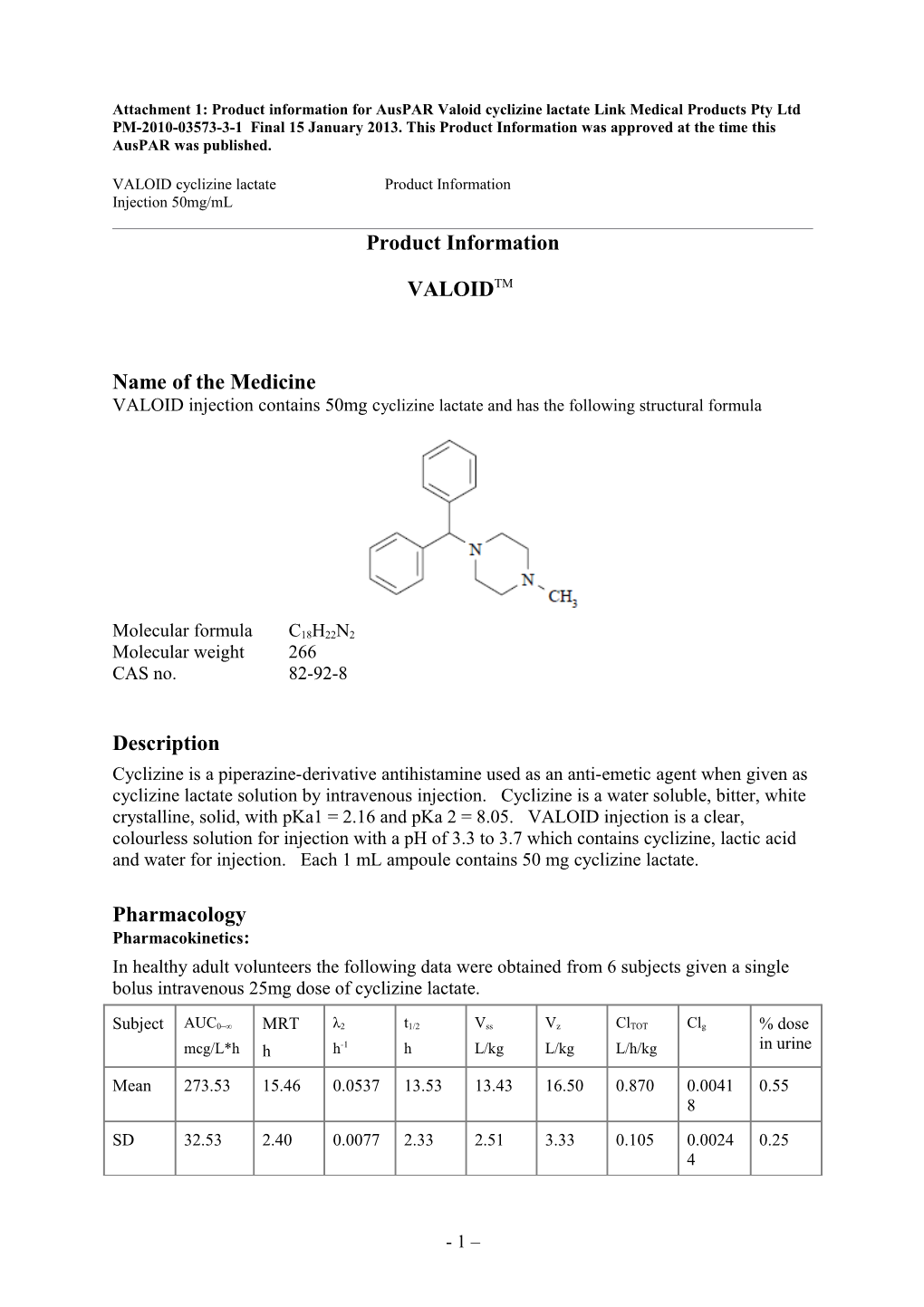 Attachment 1: Product Information for Auspar Valoid Cyclizine Lactate Link Medical Products