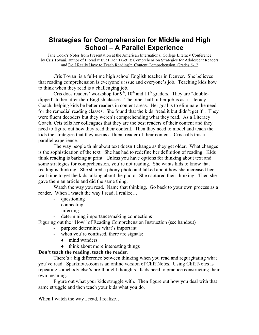 Strategies for Comprehension for Middle and High School a Parallel Experience