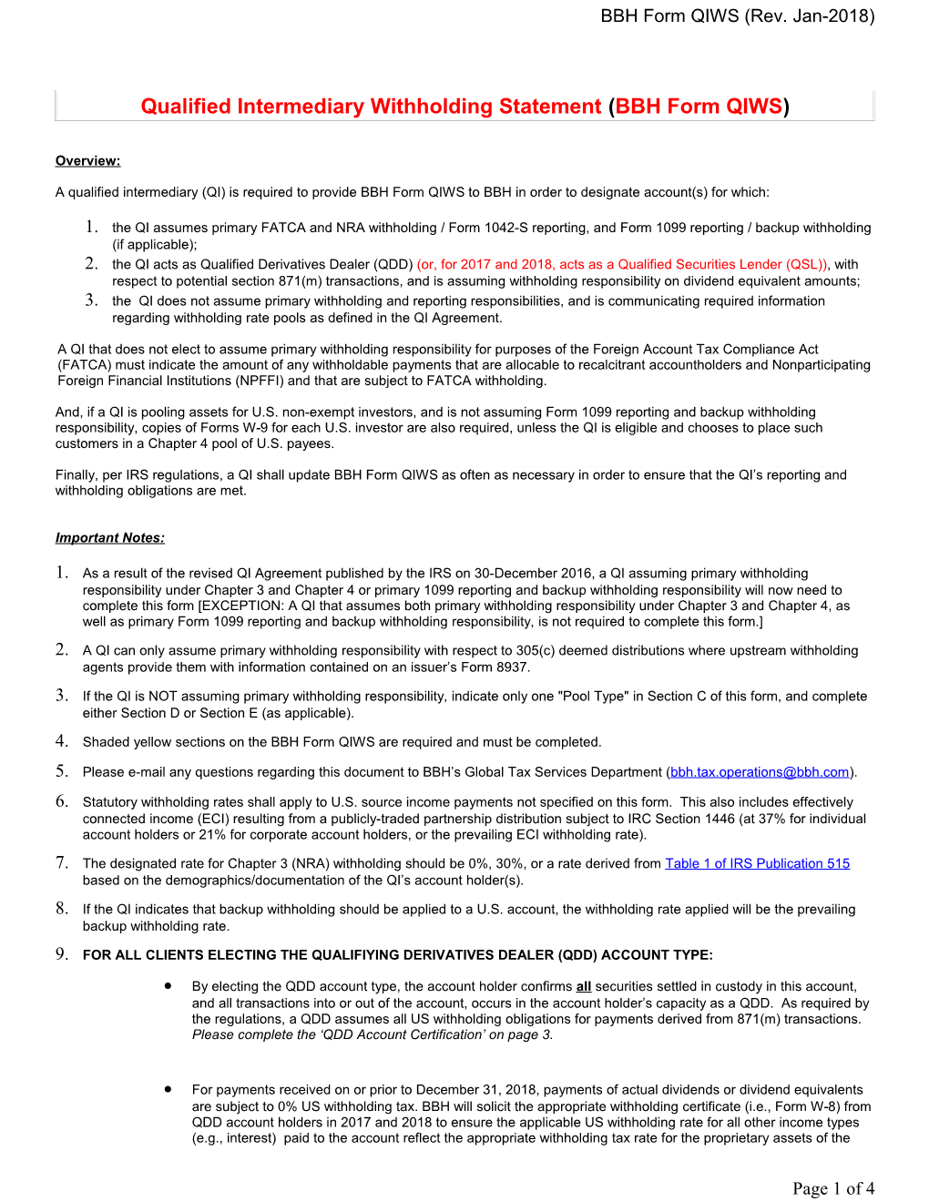 Qualified Intermediary Withholding Statement (BBH Form QIWS) and Beneficial Owner List