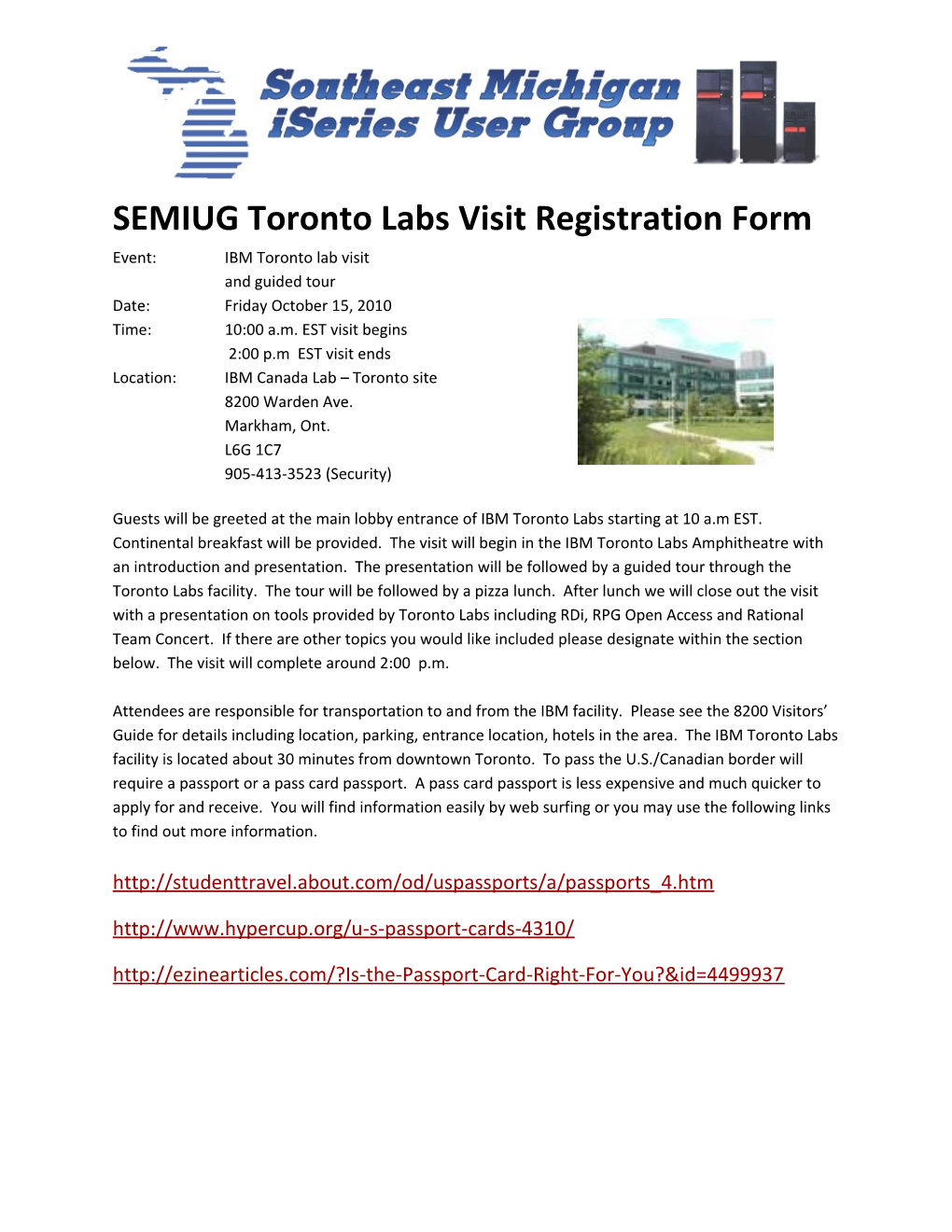 SEMIUG Toronto Labs Visit Registration Form