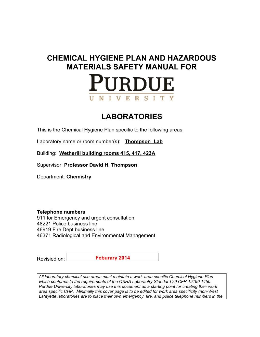 This Is the Chemical Hygiene Plan Specific to the Following Areas s3