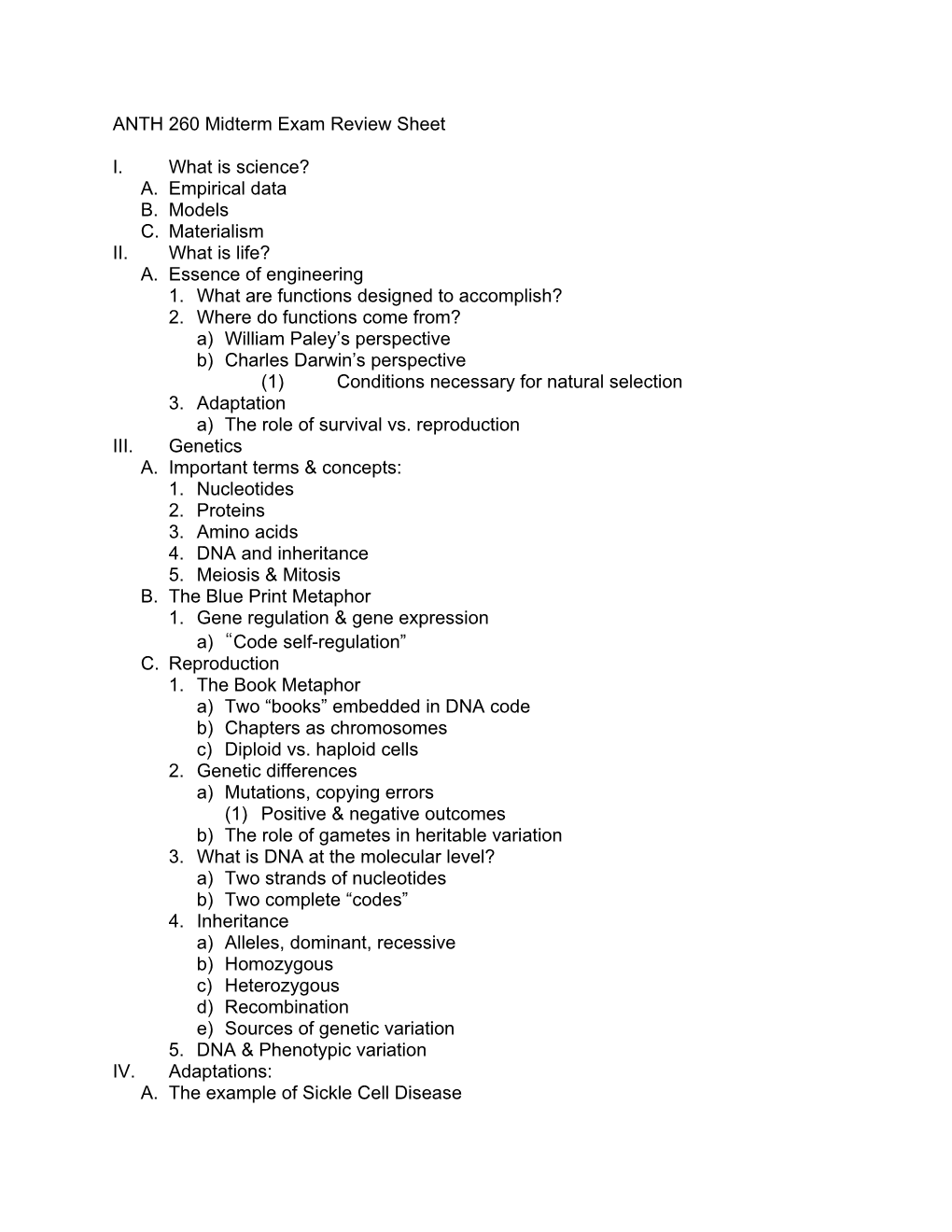 ANTH 260 Midterm Exam Review Sheet