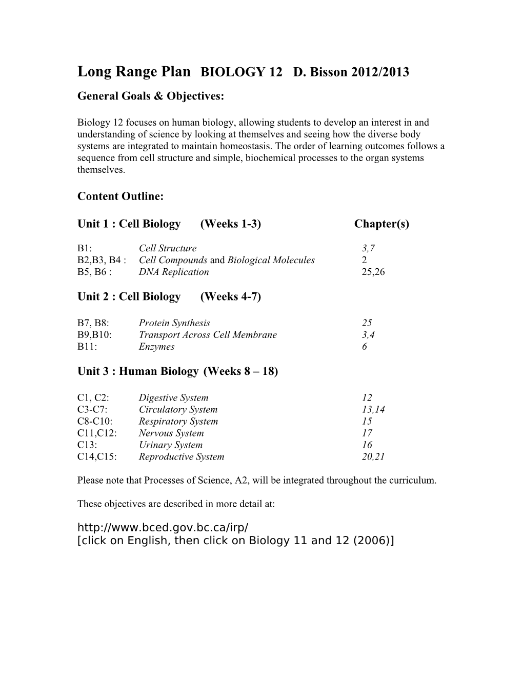 Long Range Plan BIOLOGY 12 D. Bisson 2012/2013