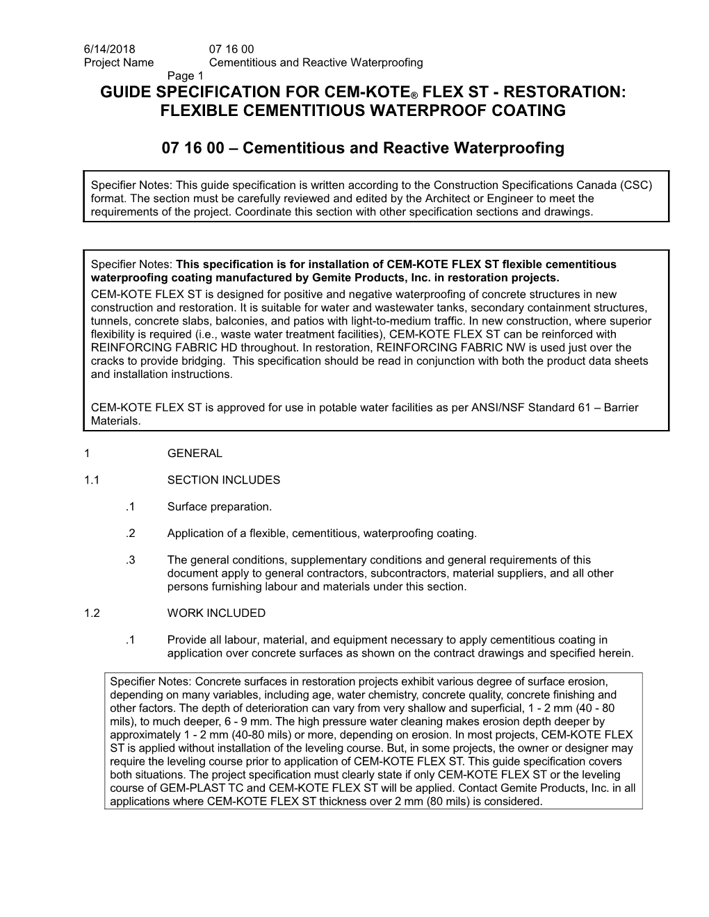 Guide Specification for Cem-Kote Flex St - Restoration: Flexible Cementitious Waterproof