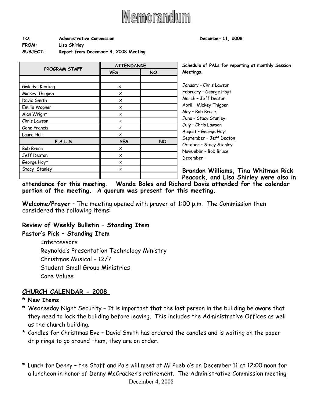 Schedule of Pals for Reporting at Monthly Session Meetings