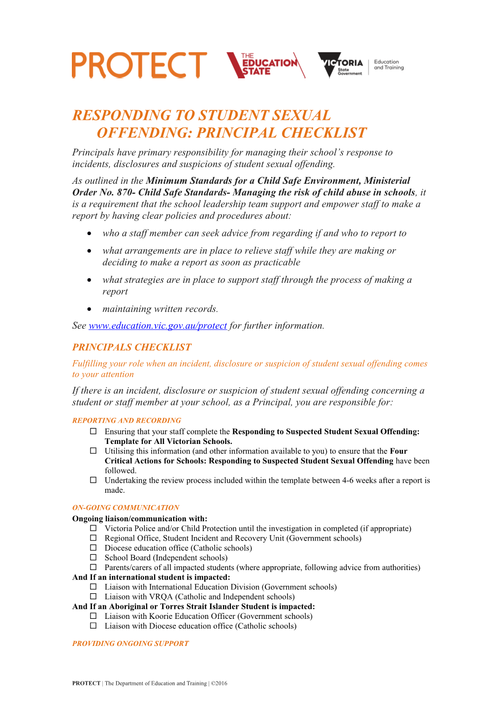 Responding to Student Sexual Offending: Principal Checklist