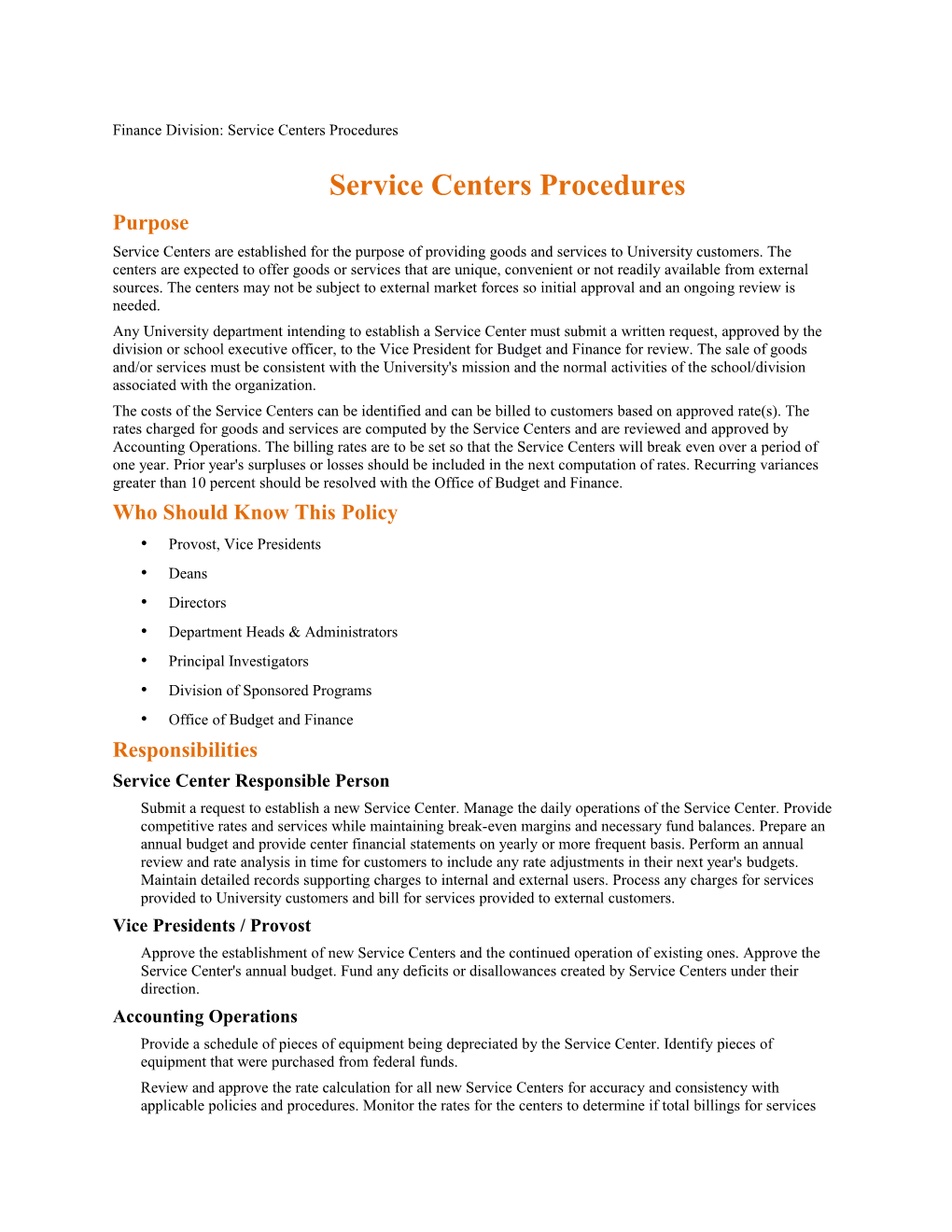 Finance Division: Service Centers Procedures