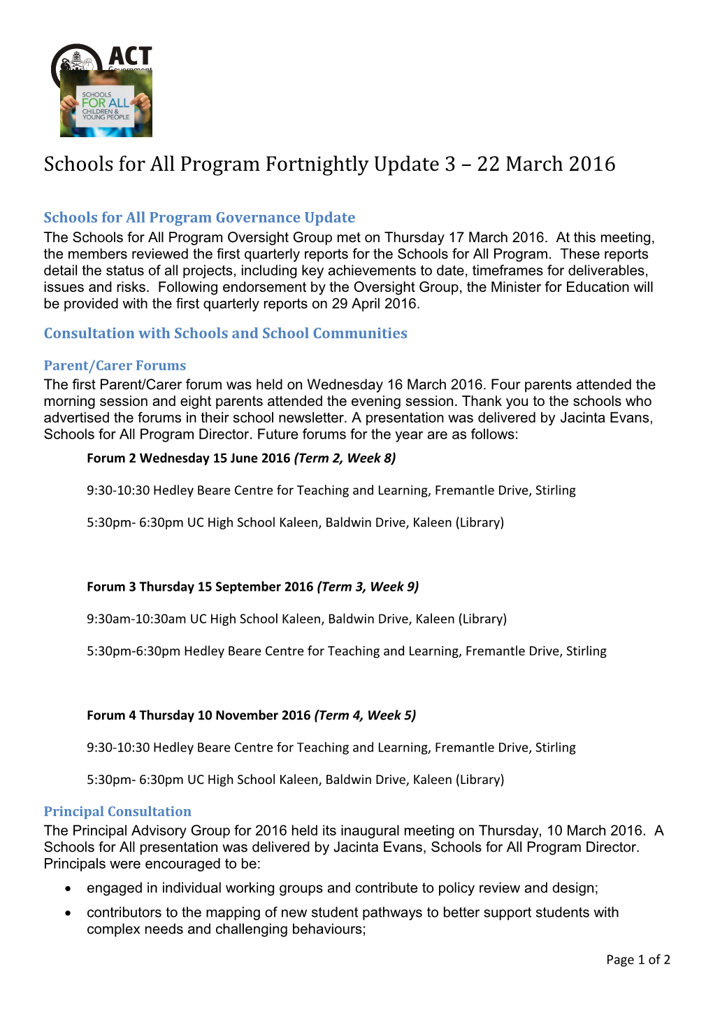 Schools for All Program Fortnightly Update 3
