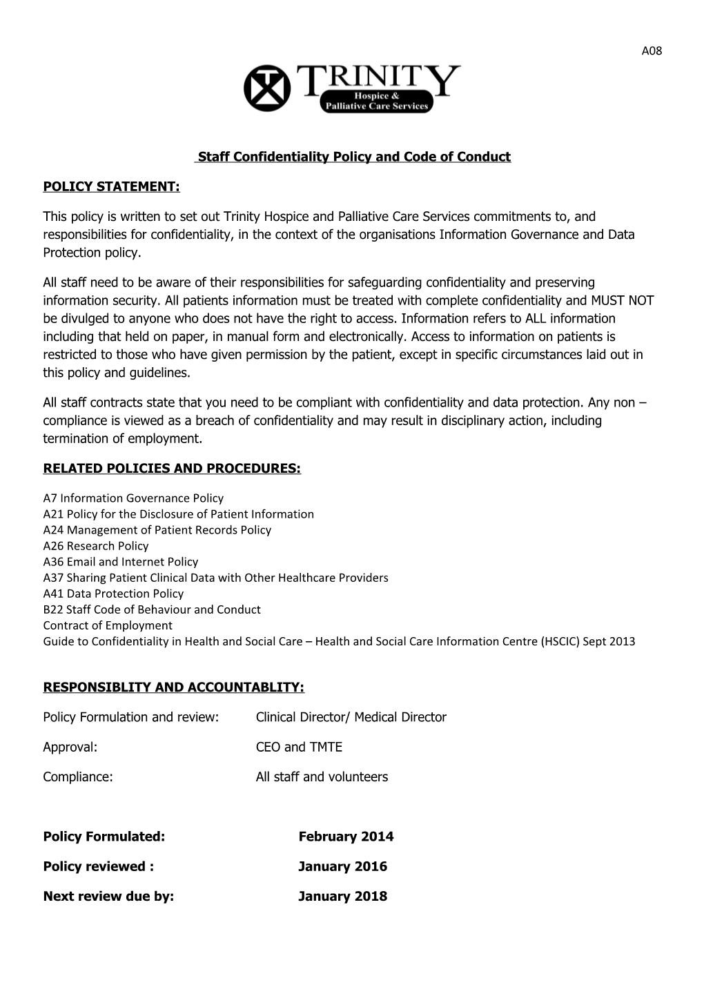 Staff Confidentiality Policy and Code of Conduct