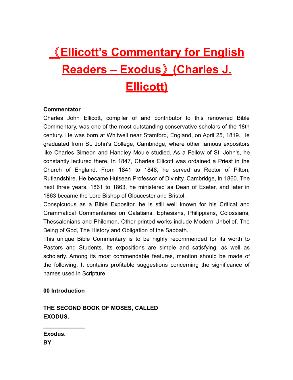 Ellicott S Commentary for English Readers Exodus (Charles J. Ellicott)