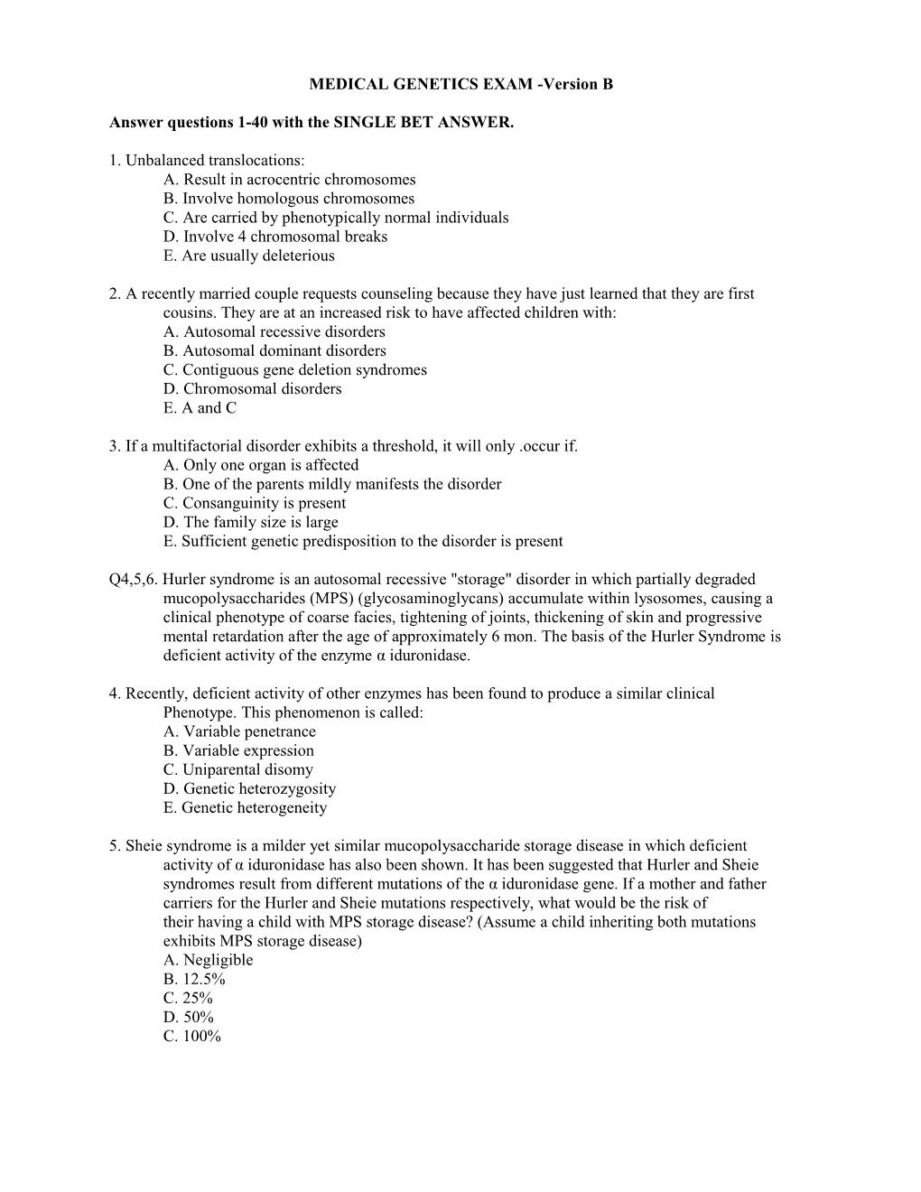 MEDICAL GENETICS EXAM 1992-Version B