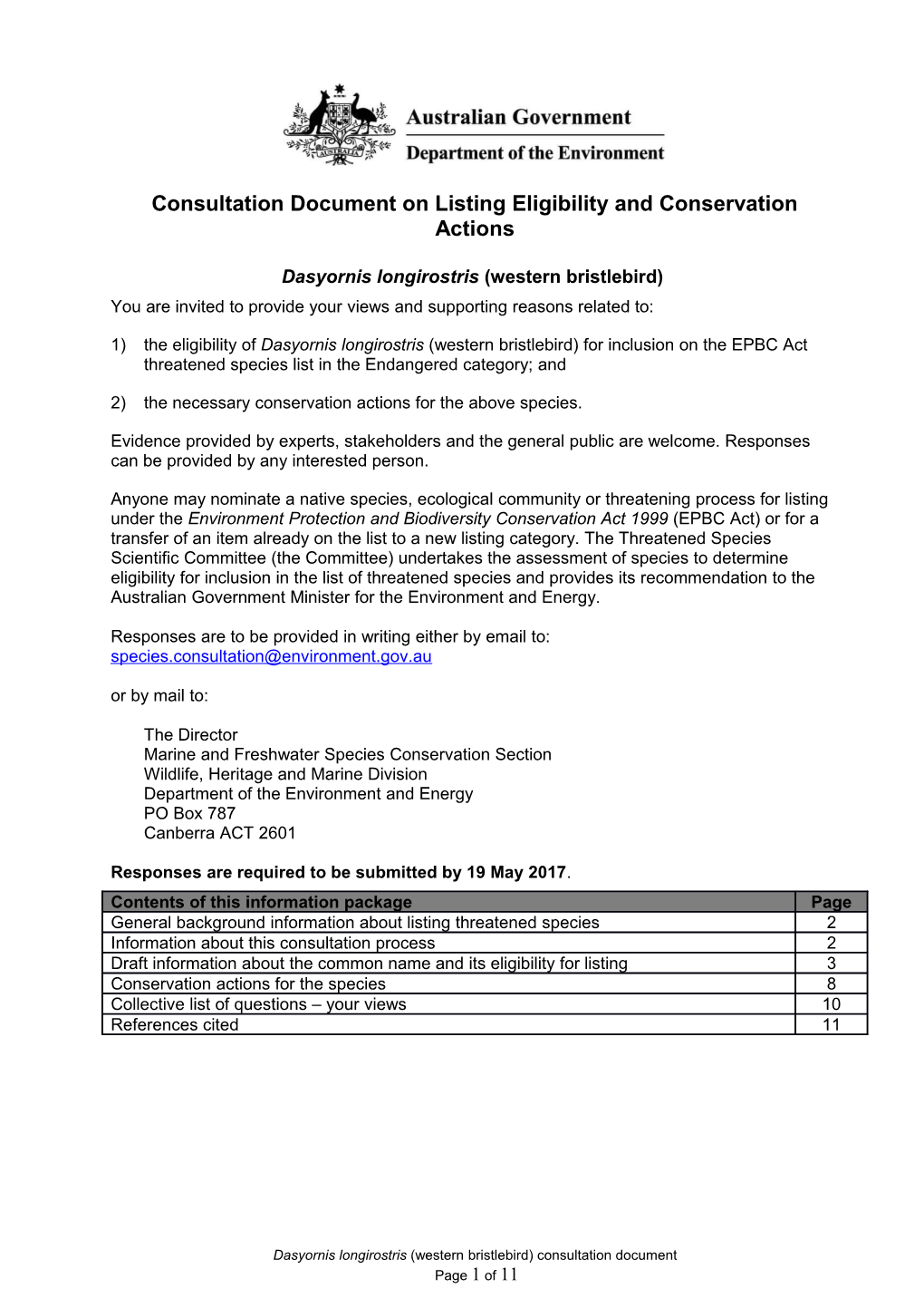 Consultation Document on Listing Eligibility and Conservation Actions Dasyornis Longirostris