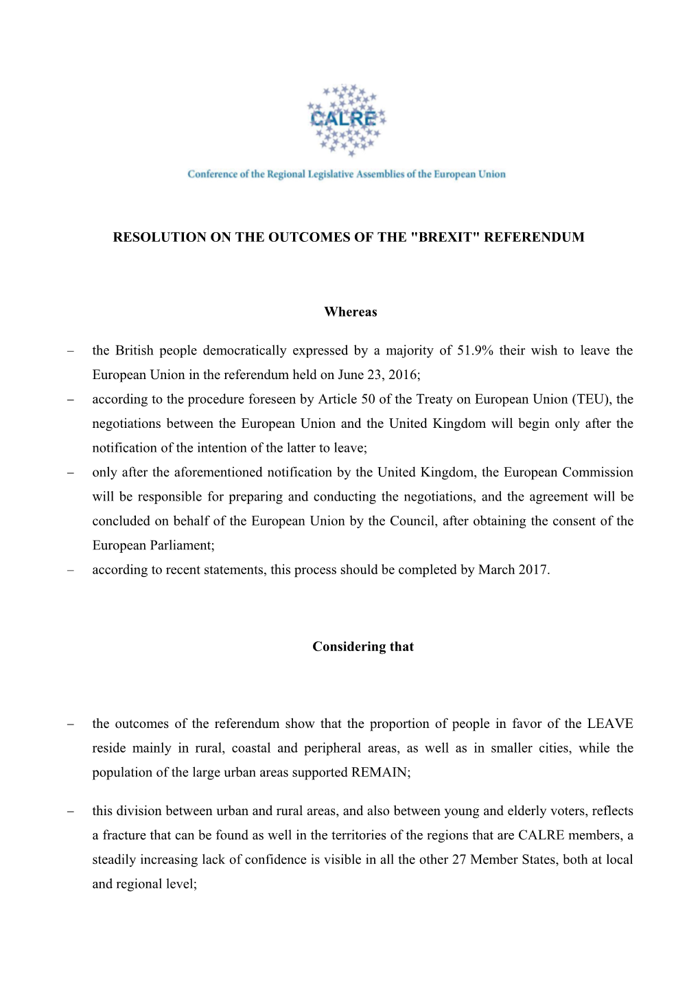 Resolution on the Outcomes of the Brexit Referendum