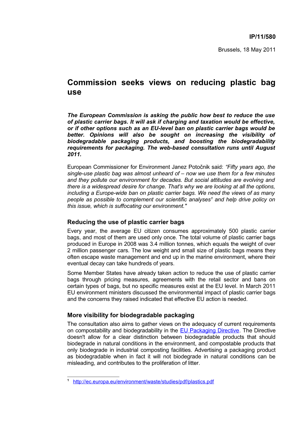 Commission Seeks Views on Reducing Plastic Bag Use