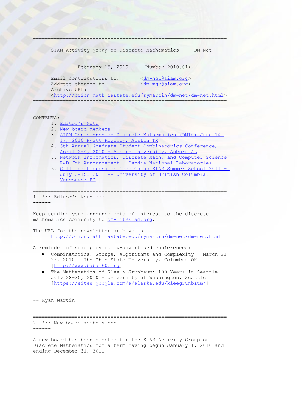 SIAM Activity Group on Discrete Mathematics DM-Net