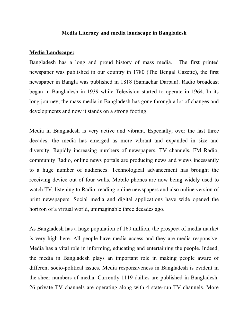 Media Literacy and Media Landscape in Bangladesh