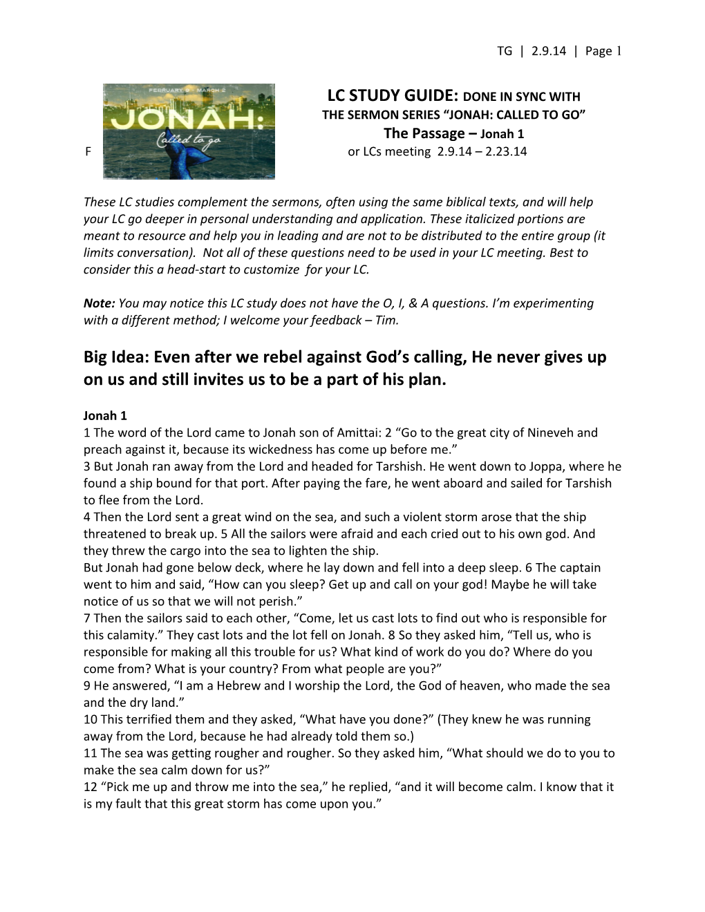 The Sermon Series Jonah: Called to Go