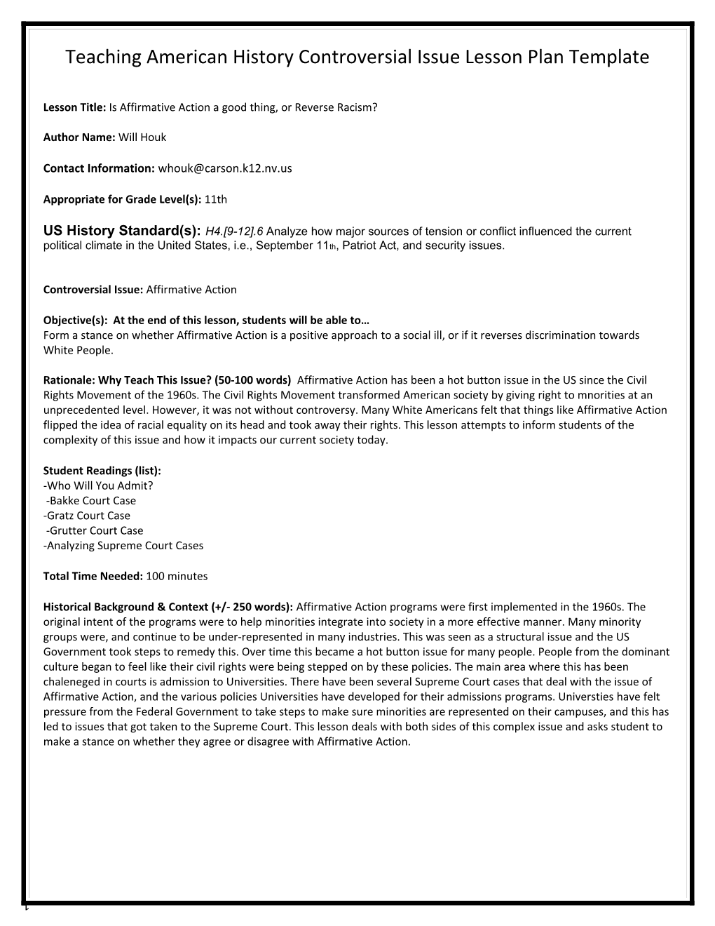 Teaching American History Controversial Issue Lesson Plan Template